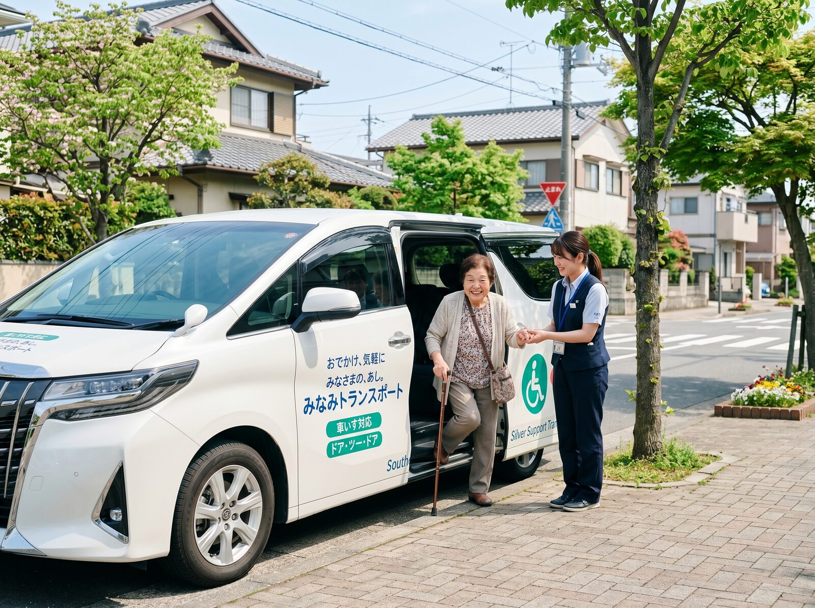 送迎スタッフがシニアの方を支える様子